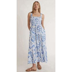 MARINE LAYER Selene Printed Smocked Tiered Maxi Dress Small Blue Linen Boho